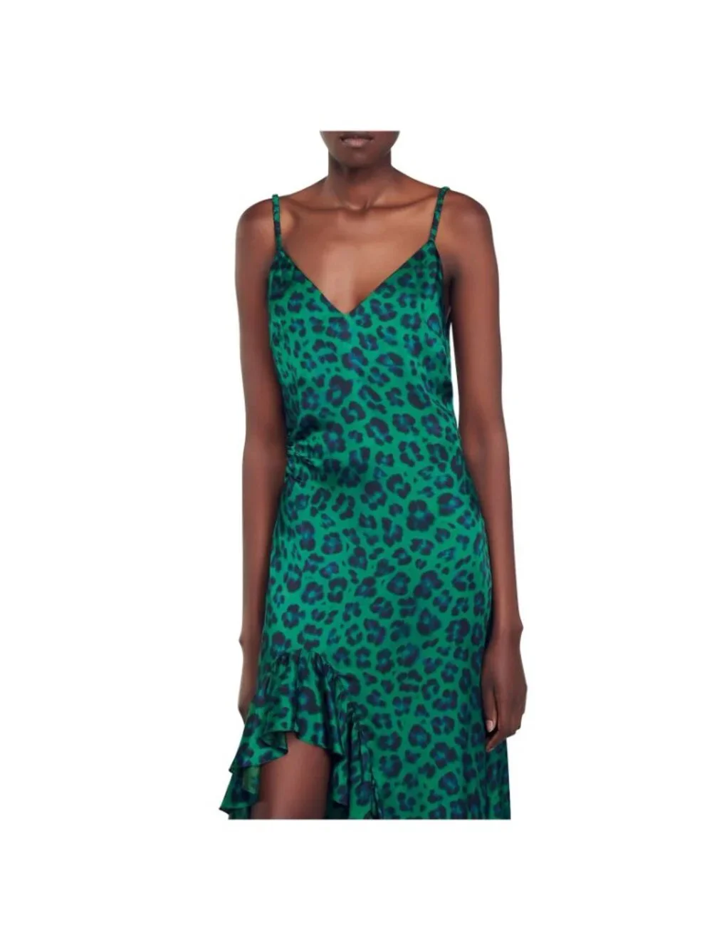 Sandro Amazonie Leopard Print Satin Midi Slip Dress Green Animal Print US 4 - Picture 4 of 16
